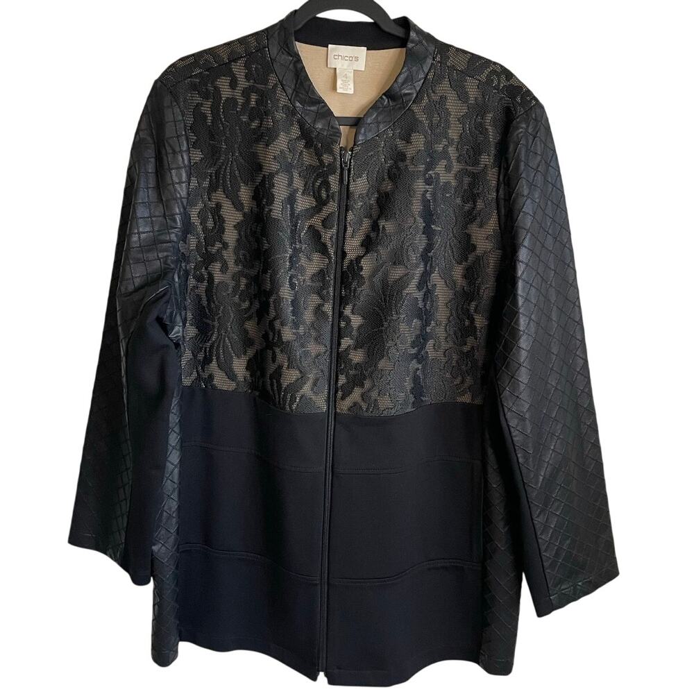 Chico’s Zip Up Black Jacket Mixed Media Sz 4 XXL Lace Quilted Faux Leather Knit